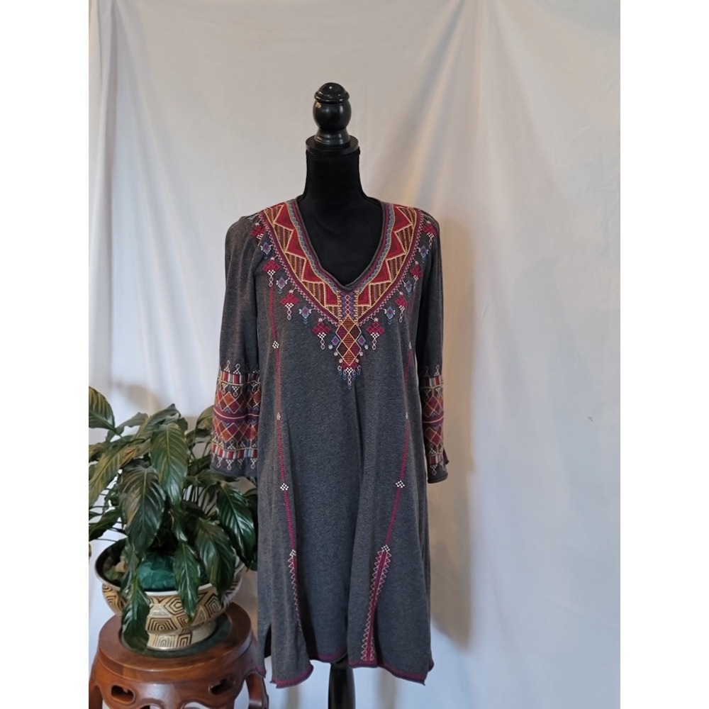 Johnny Was Gray Embroidered Boho V-Neck‎ Tunic Dress 3/4 Sleeve Small